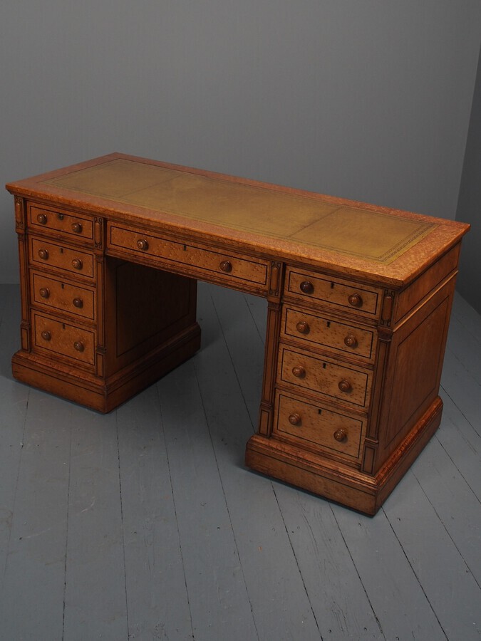 Antique Victorian Birds Eye Maple Kneehole Pedestal Desk