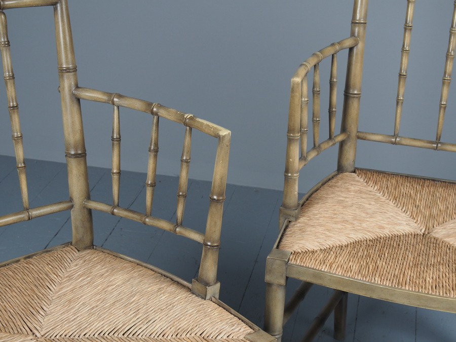 Antique Pair of Bamboo Design Painted Armchairs