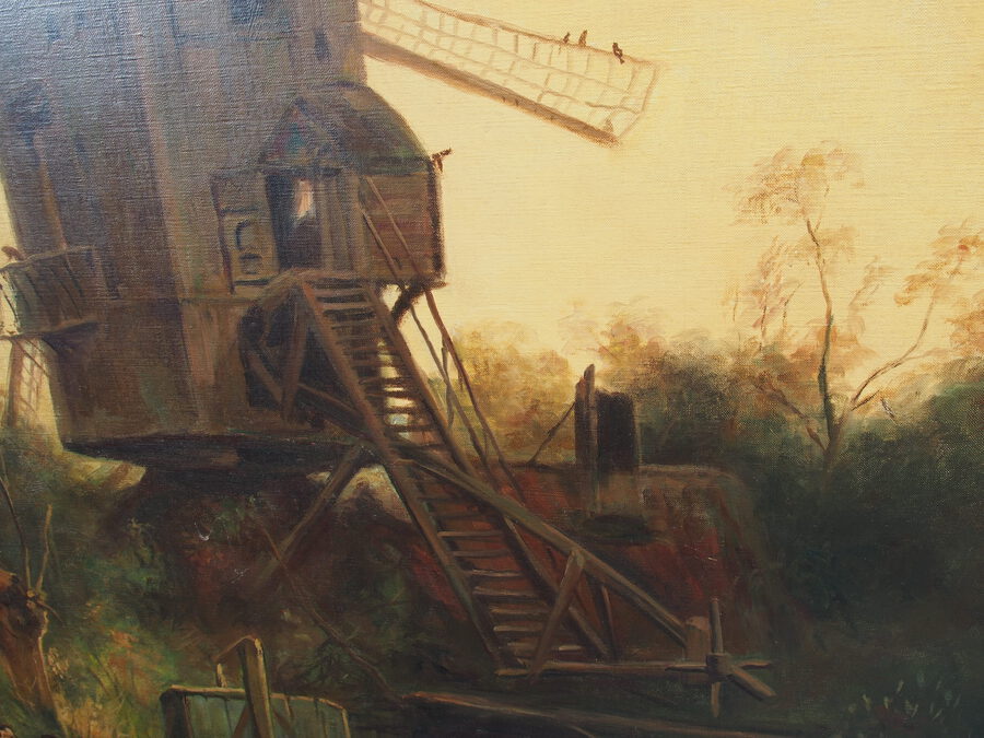 Antique Large Antique Windmill Landscape Oil Painting on Canvas
