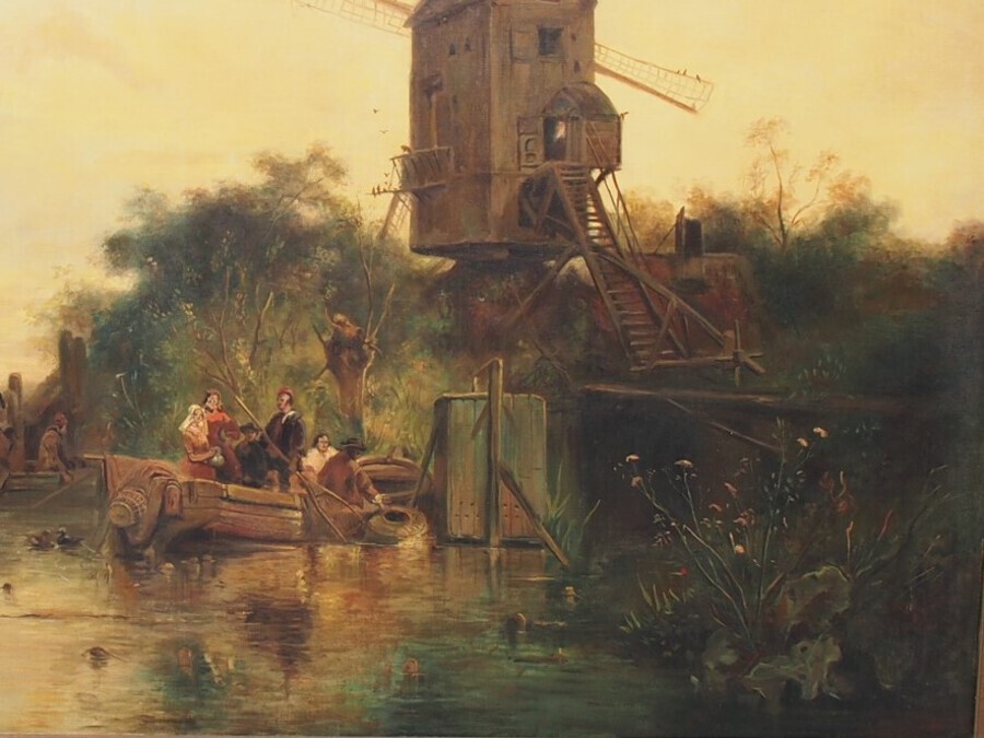 Antique Large Antique Windmill Landscape Oil Painting on Canvas