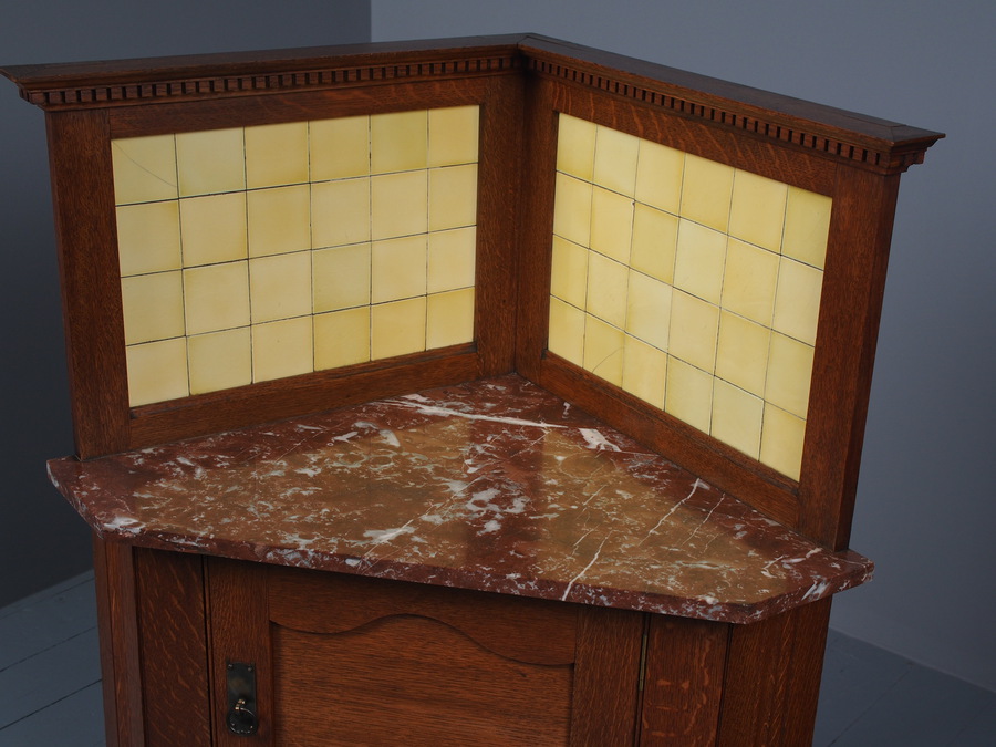 Antique Art Nouveau Tiled Oak Corner Washstand