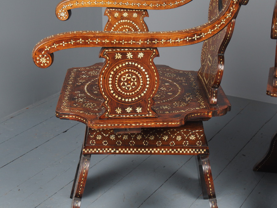 Antique Antique Matched Pair of Damascus Inlaid Chairs