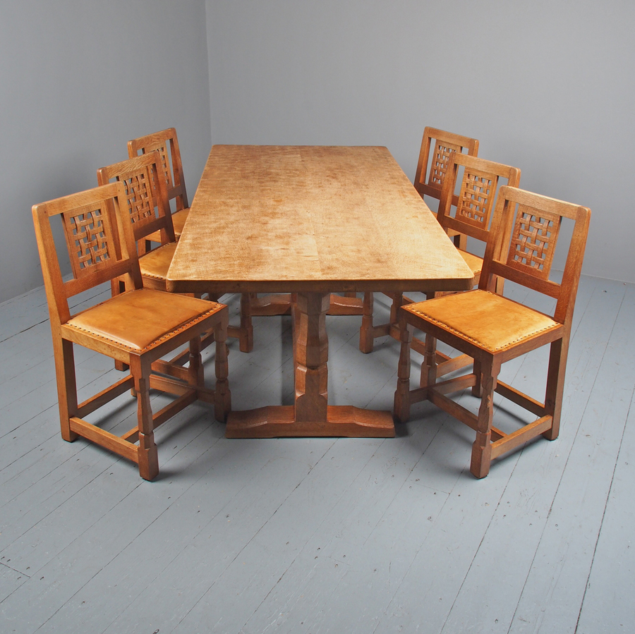 Antique Mouseman Oak Dining Table and Set of 6 Chairs