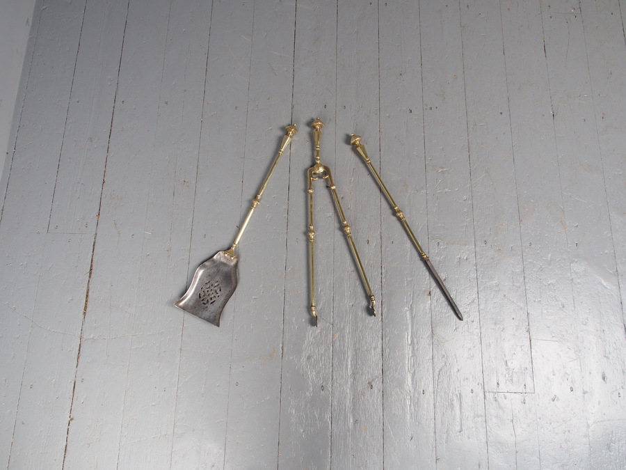 Antique Antique Set of 3 Victorian Cast Brass and Steel Fire Tools