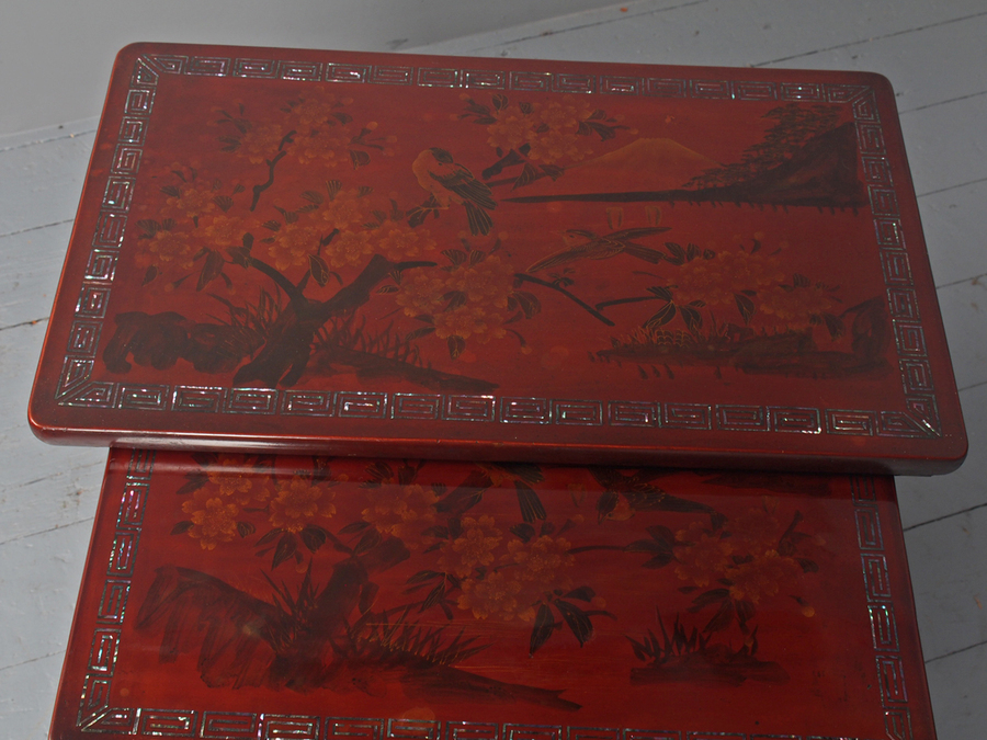 Antique Chinese Red Lacquered Nest of 4 Tables
