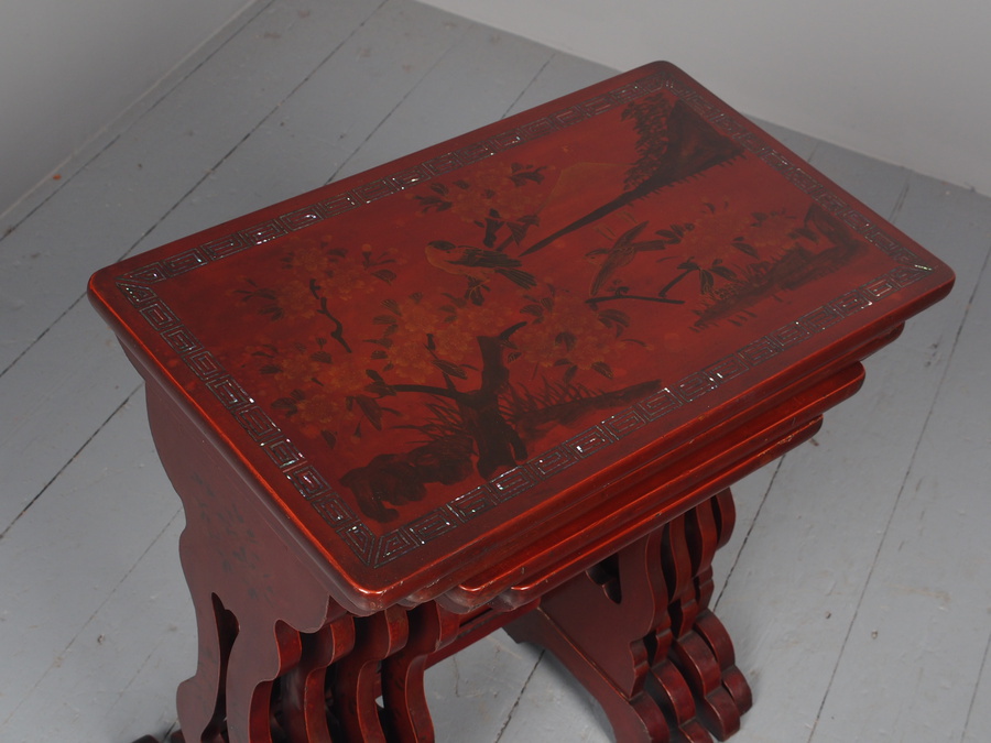 Antique Chinese Red Lacquered Nest of 4 Tables