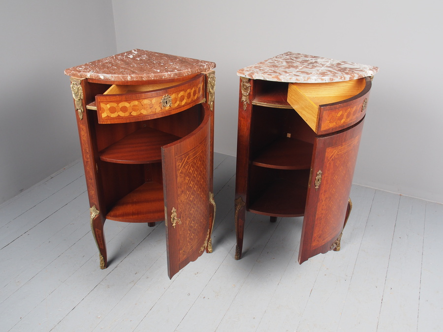 Antique Matched Pair of French Inlaid Corner Cabinets