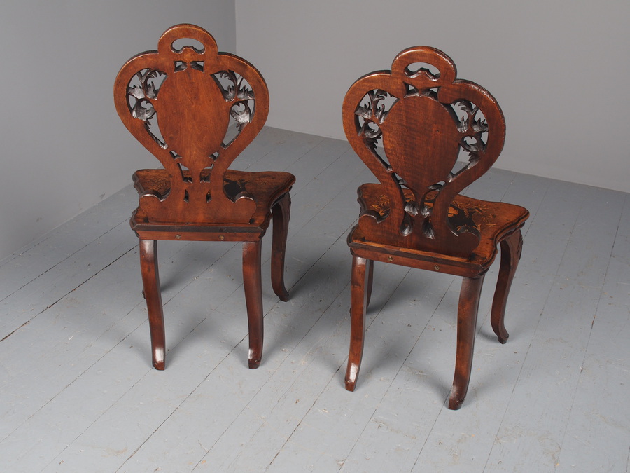 Antique Antique Pair of Black Forest Hall Chairs