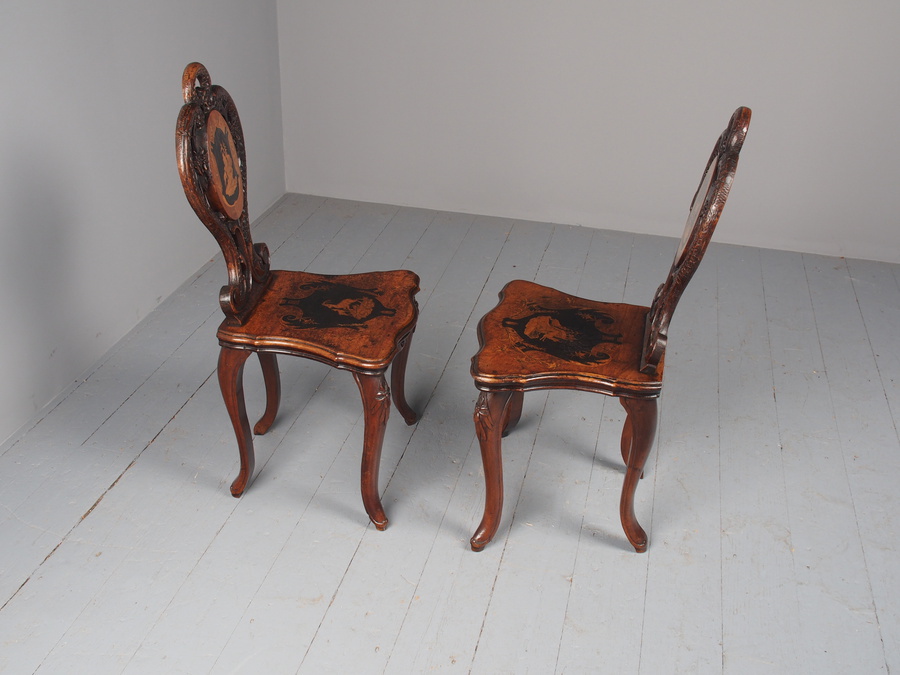 Antique Antique Pair of Black Forest Hall Chairs