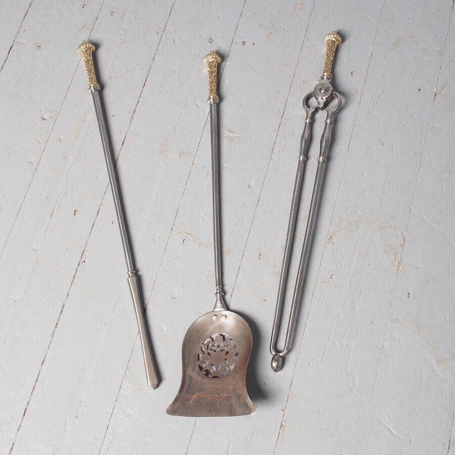 Set of George III Steel and Gilded Brass Fire Tools