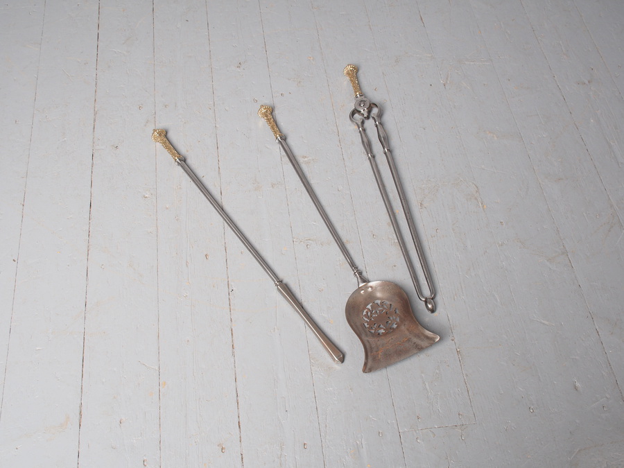 Antique Set of George III Steel and Gilded Brass Fire Tools