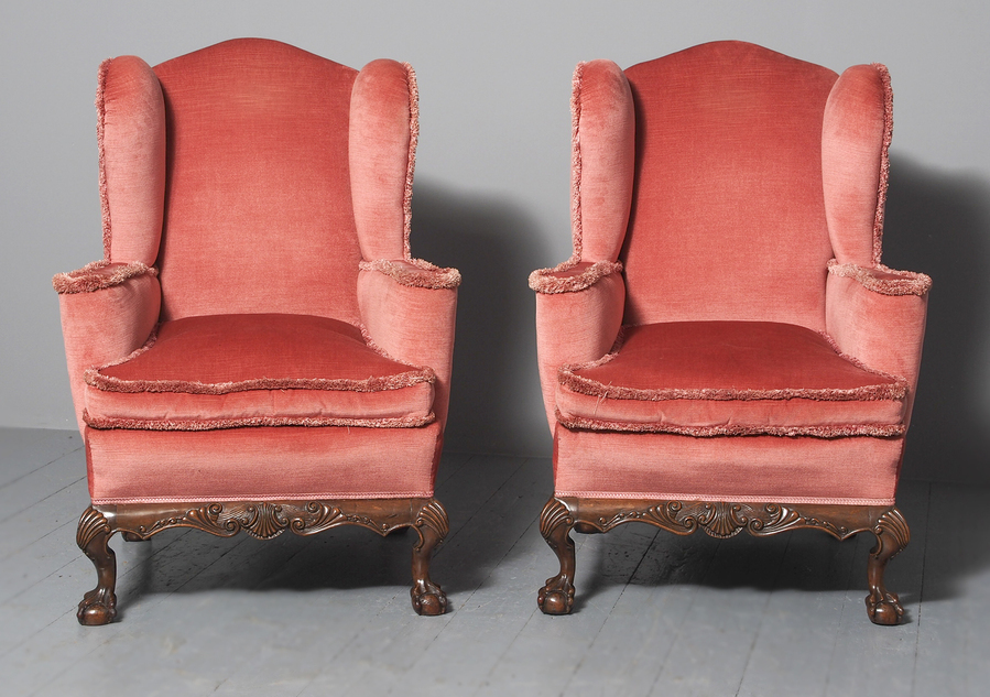 Antique Pair of Chippendale Style Carved Mahogany Wing Armchairs