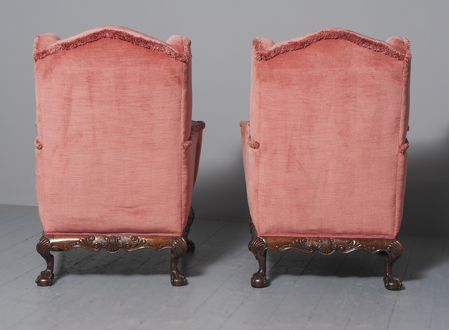Antique Pair of Chippendale Style Carved Mahogany Wing Armchairs
