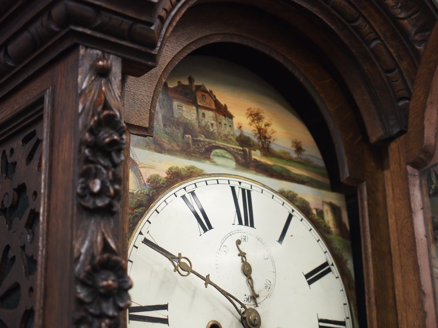 Antique Flemish Carved Oak Grandfather Clock