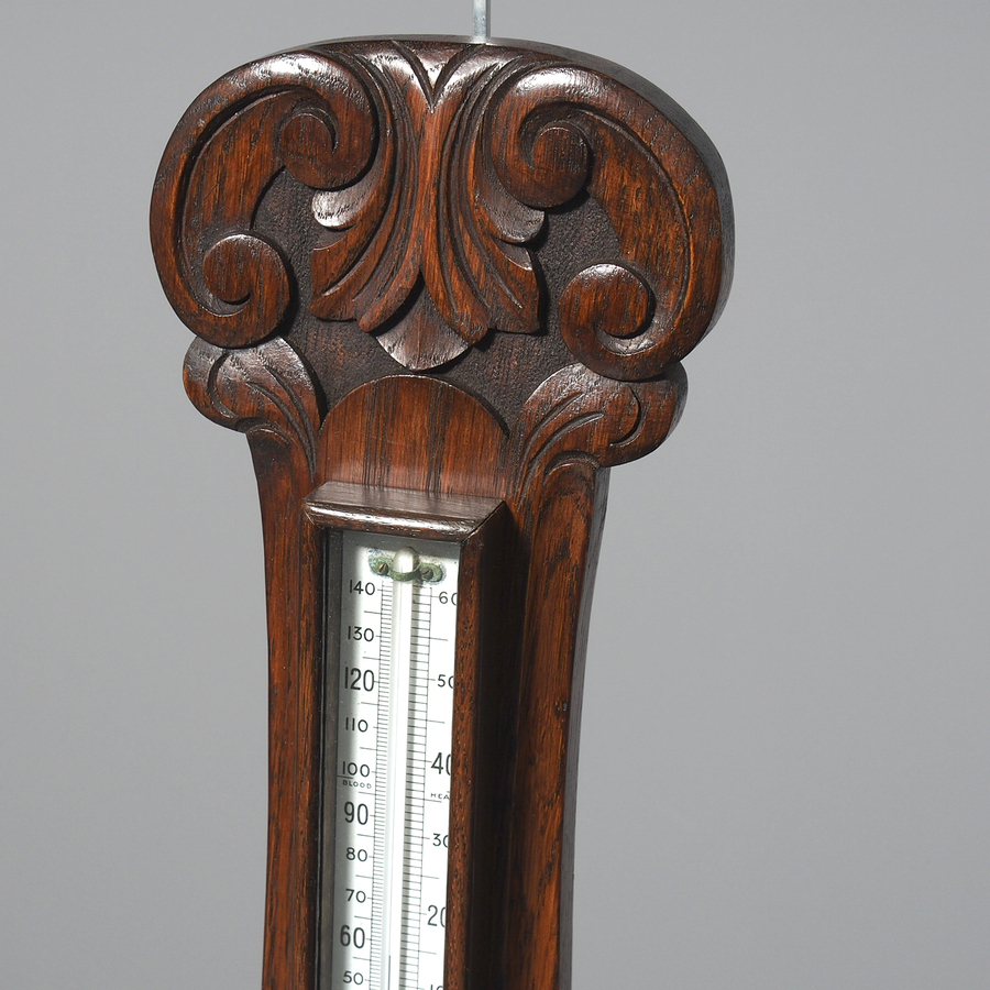 Antique Edwardian Carved Oak Barometer and Thermometer