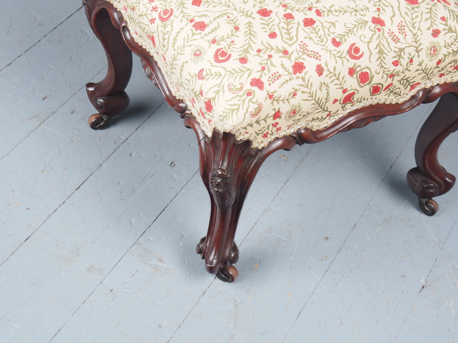 Antique Victorian Carved Mahogany and Upholstered Stool