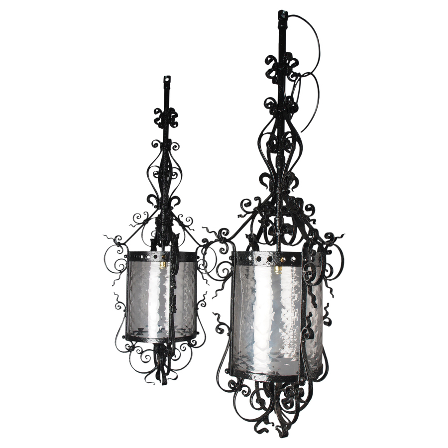 Pair of 1920s Blacksmith Made Cast Iron Hall Lanterns