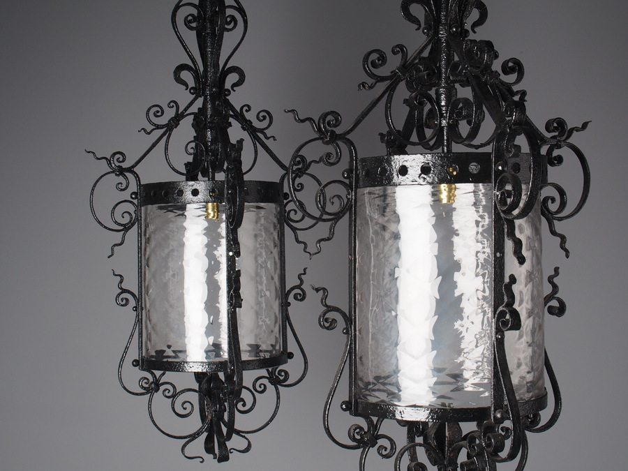 Antique Pair of 1920s Blacksmith Made Cast Iron Hall Lanterns