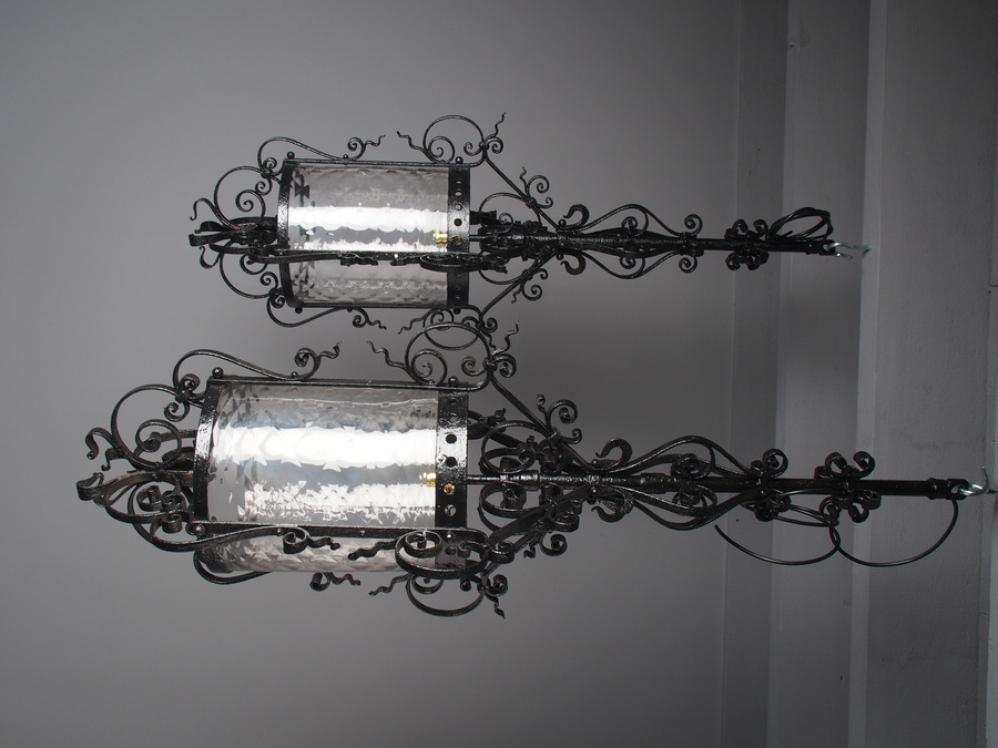 Antique Pair of 1920s Blacksmith Made Cast Iron Hall Lanterns