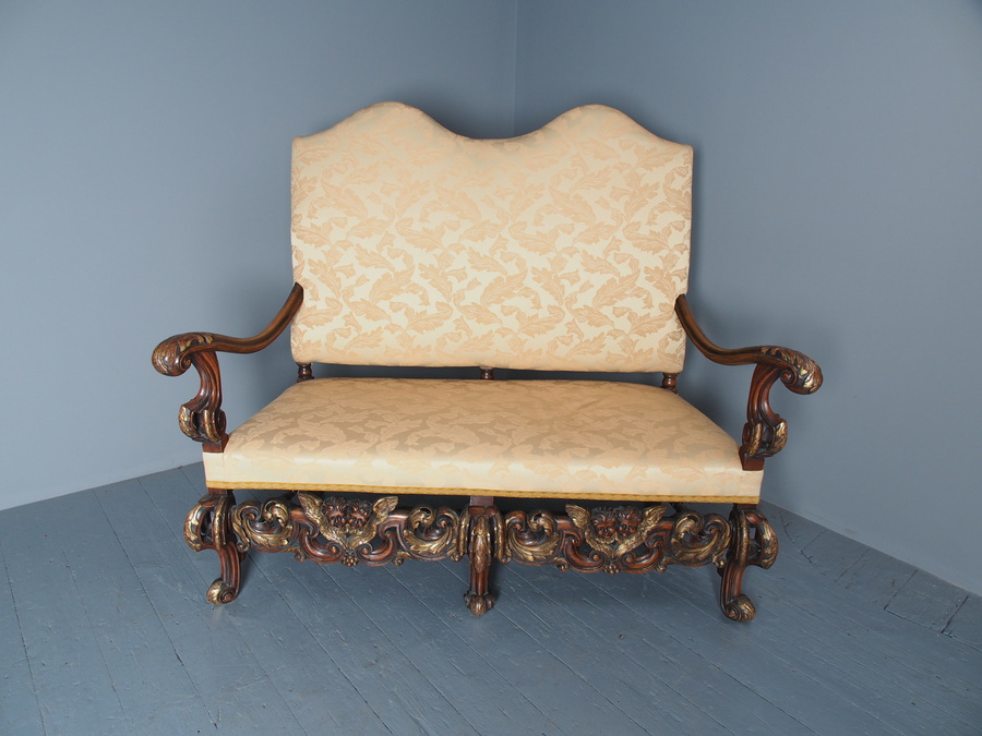 Antique Charles II Style Gilded Walnut Humpback Sofa