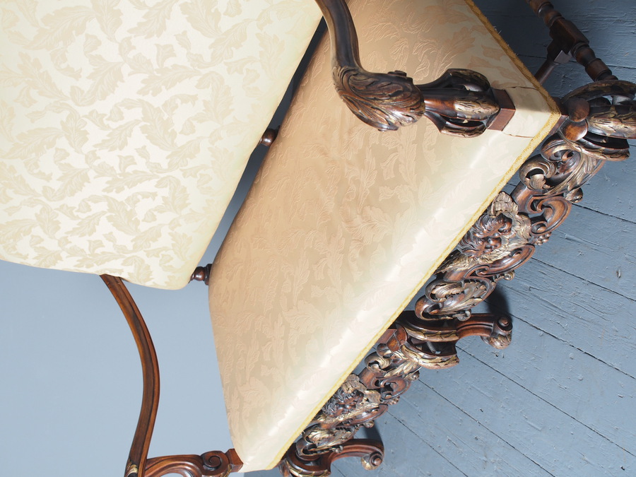 Antique Charles II Style Gilded Walnut Humpback Sofa