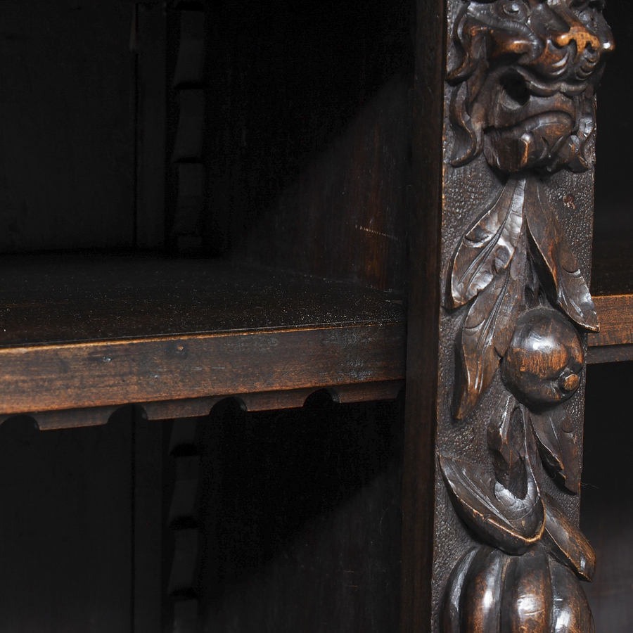 Antique 19th Century Flemish Carved Oak Open Breakfront Bookcase