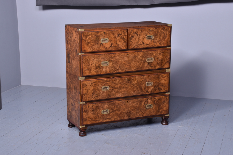 Antique Burr Walnut Victorian Campaign Chest of Drawers