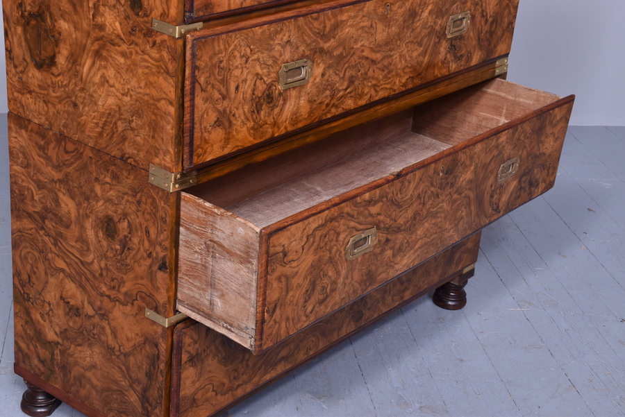 Antique Burr Walnut Victorian Campaign Chest of Drawers