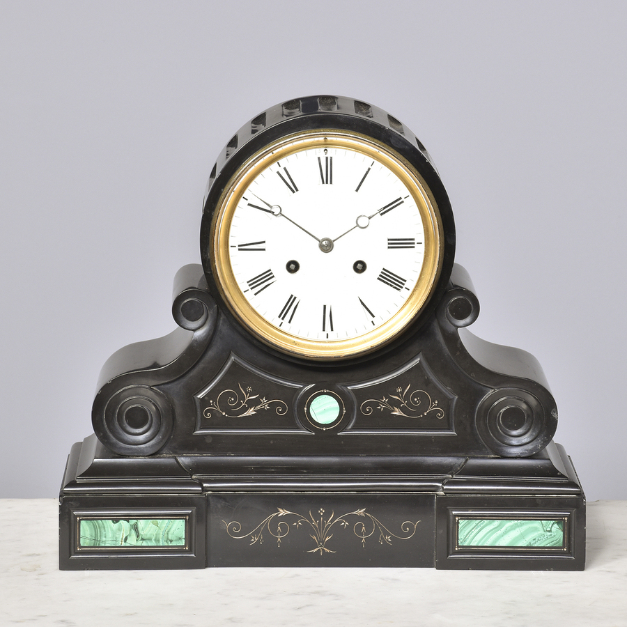 Antique Malachite Inlaid Black Marble Mantel Clock 