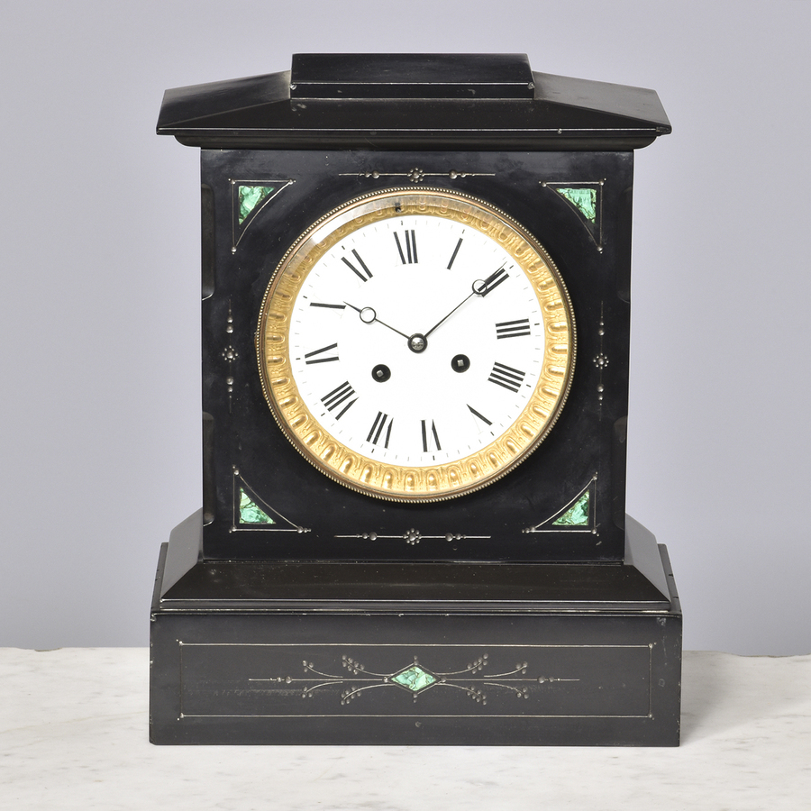 Antique Victorian Marble and Malachite Inlaid Clock