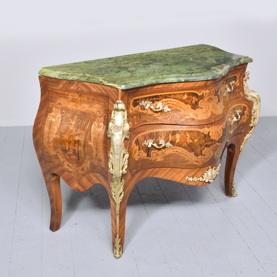 Antique Continental Marquetry Inlaid Kingwood Serpentine-Front Marble Top Commode