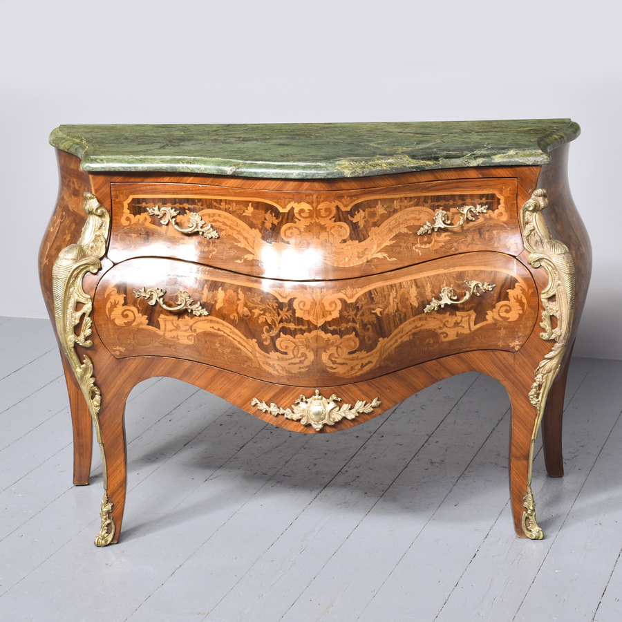 Antique Continental Marquetry Inlaid Kingwood Serpentine-Front Marble Top Commode