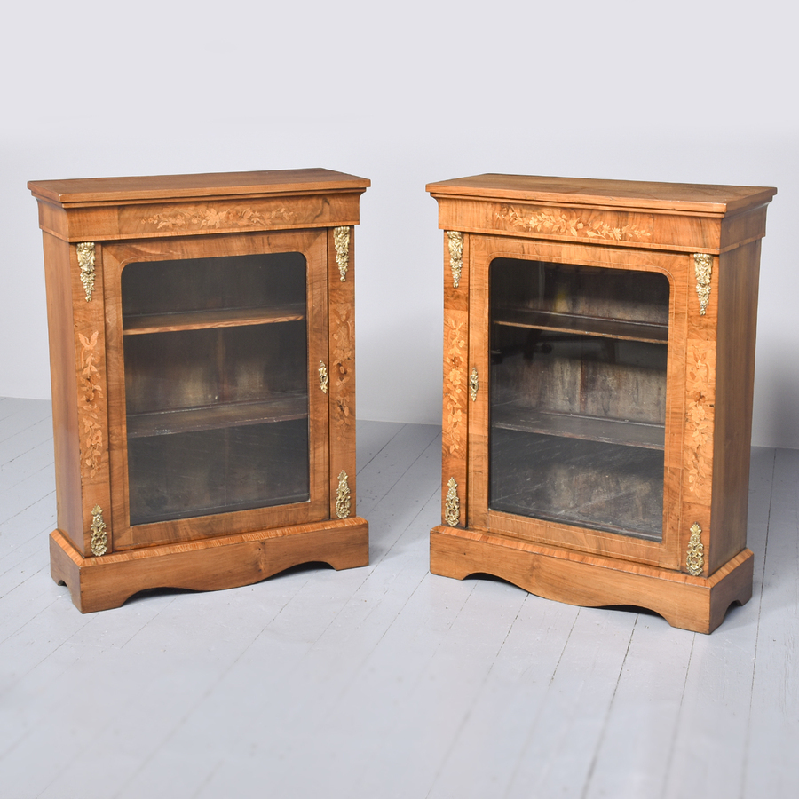 Pair of Marquetry Inlaid, Figured Walnut Victorian Pier Cabinets