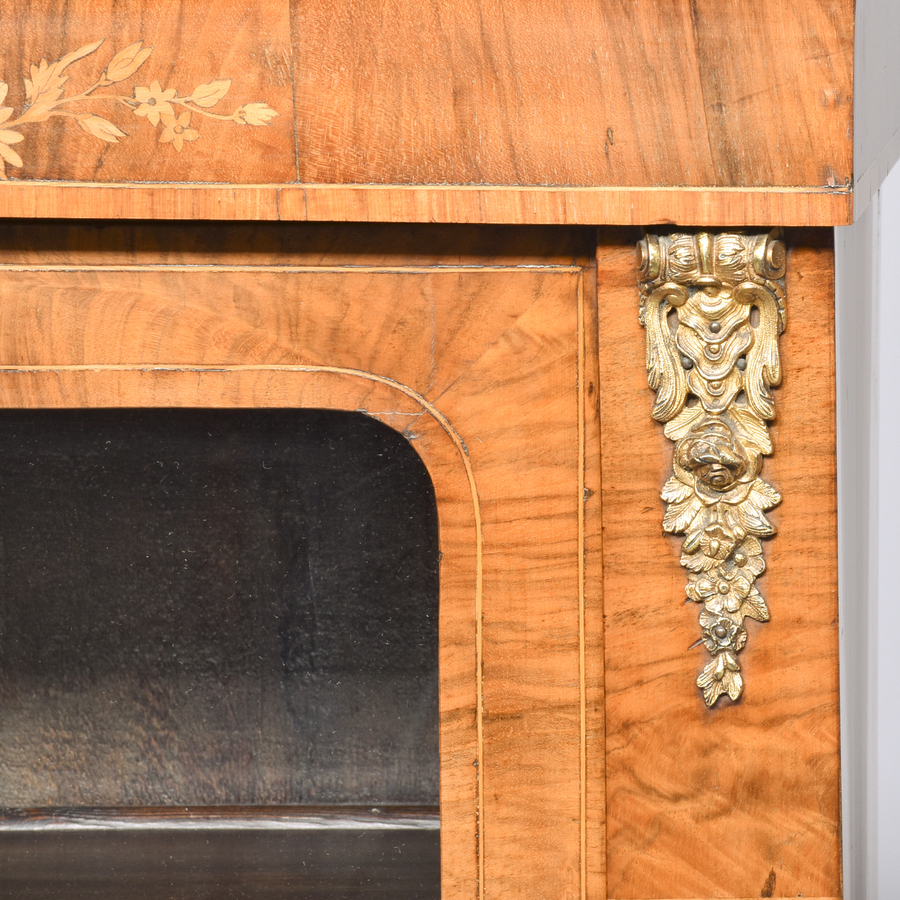 Antique Pair of Marquetry Inlaid, Figured Walnut Victorian Pier Cabinets