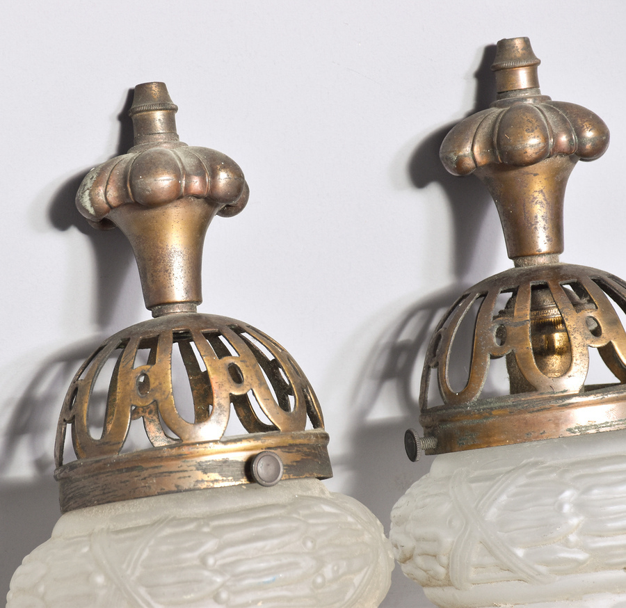 Antique Pair of Brass and Frosted Glass Light Fittings