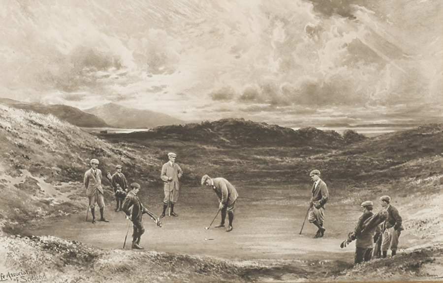 Antique Three Oak Framed Michael Brown Life Association of Scotland Golfing Prints 