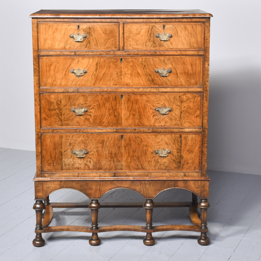 Antique William and Mary Style Figured Walnut Chest on Stand 