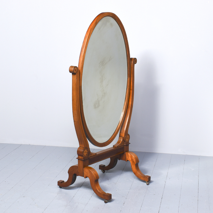 Antique Fine Quality Sheraton Style Inlaid Mahogany Oval Cheval Mirror