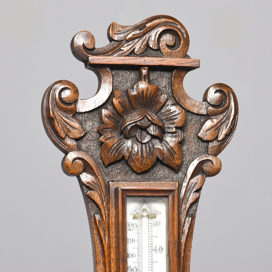 Antique Carved Oak Barometer Thermometer
