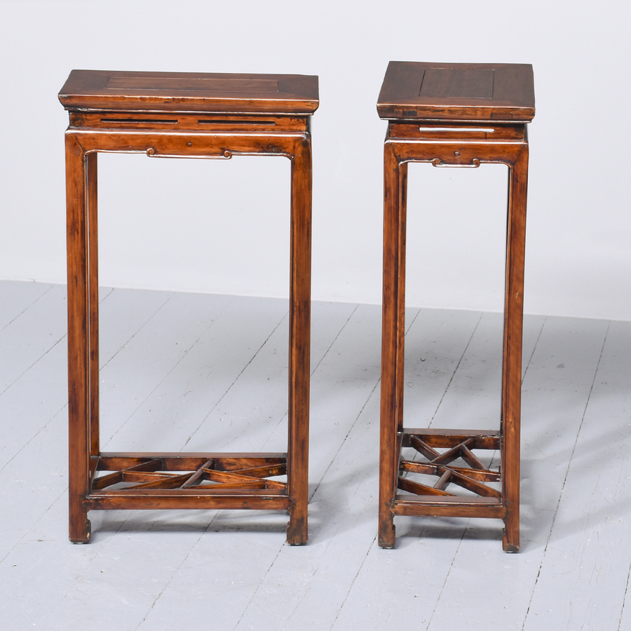 Antique Pair of Tall Qing Dynasty Chinese Stained Soft Wood Side Tables