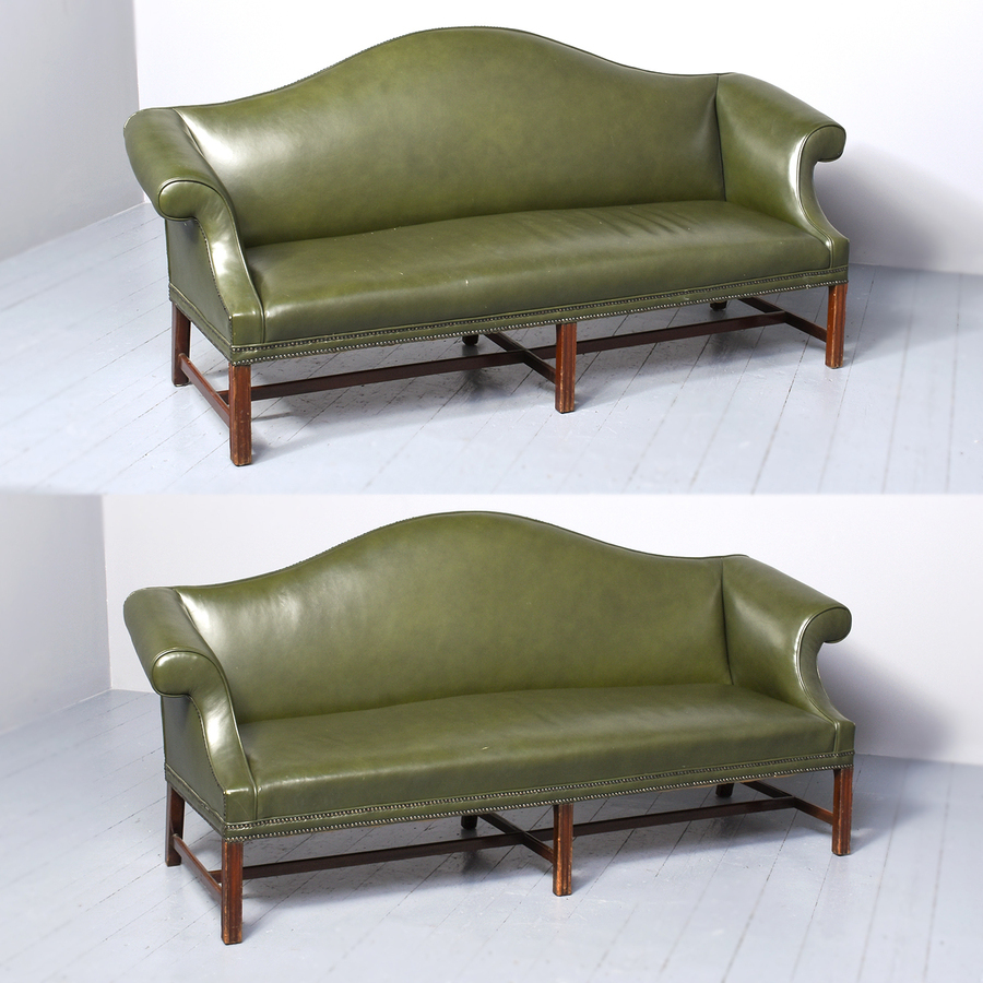 Pair of George III Style Leather Upholstered Camel Back Sofas