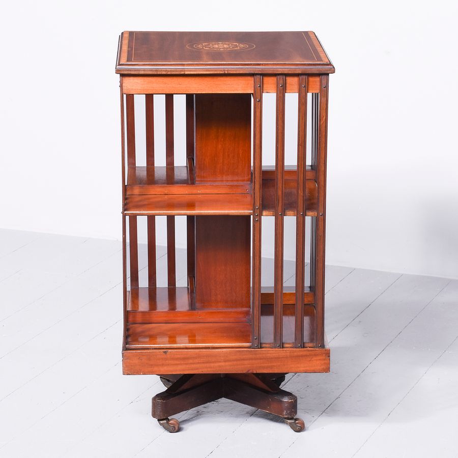 Antique Edwardian Sheraton-Style Inlaid Mahogany Revolving Bookcase