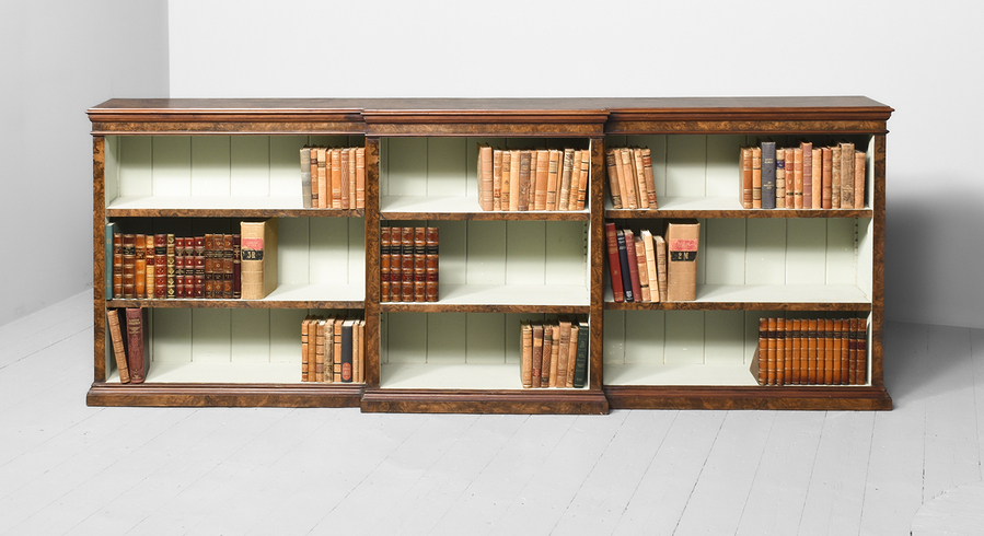 Antique Victorian Burr Walnut 3-Section Breakfront Open Bookcase