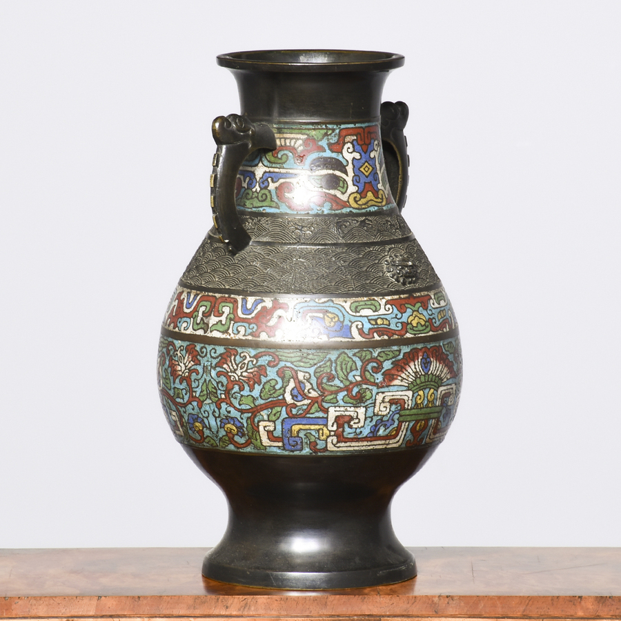 Antique Twin-Handled Chinese Bronze Champleve Vase