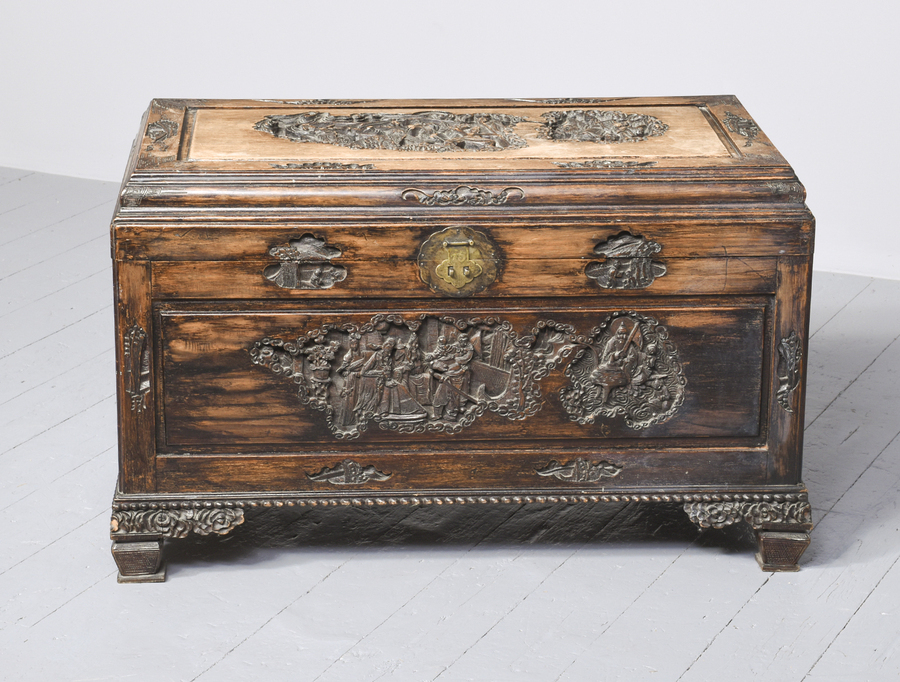Antique Exceptional Carved Camphorwood Trunk