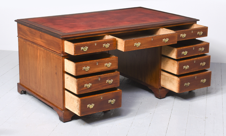 Antique Late Victorian Sheraton Style Inlaid Mahogany Partners' Desk