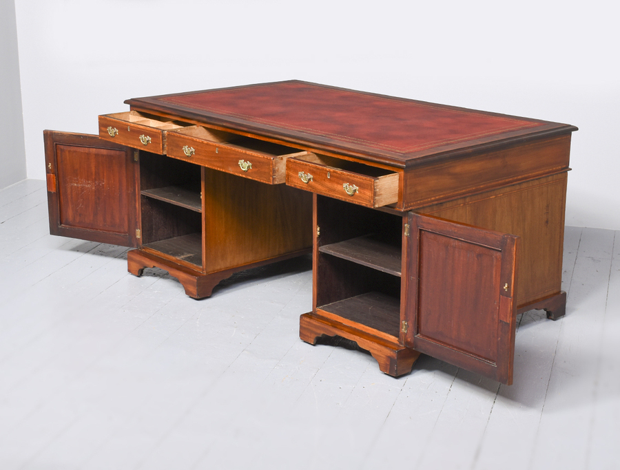 Antique Late Victorian Sheraton Style Inlaid Mahogany Partners' Desk