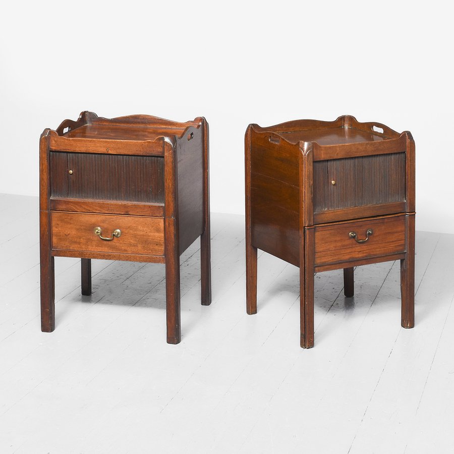 Matched Pair of George III Tambour Front, Mahogany Tray Top Commodes