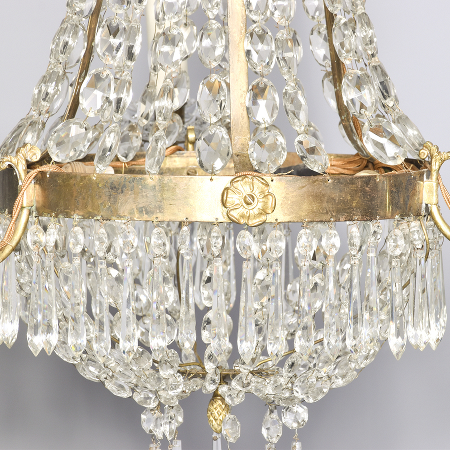 Antique Crystal and Brass Tent and Basket Chandelier