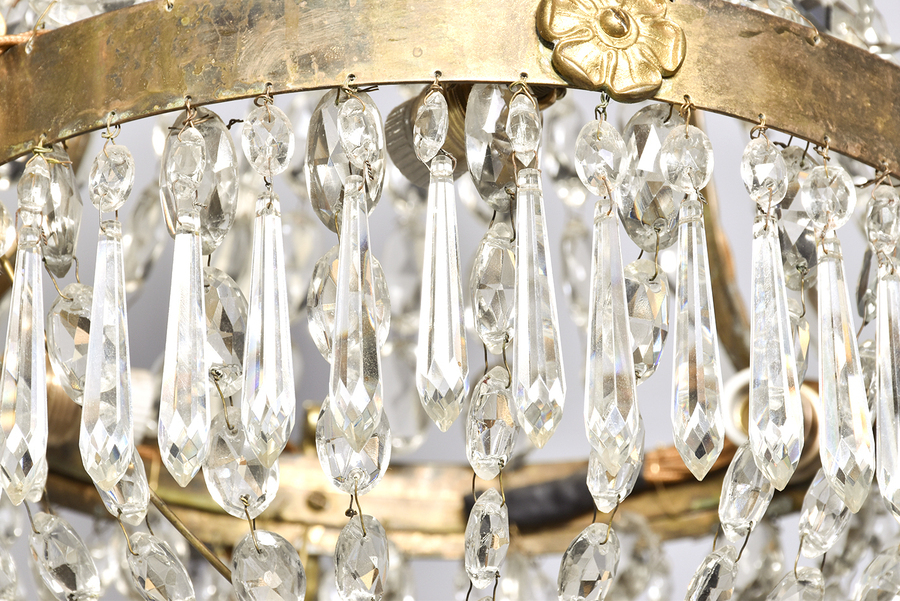 Antique Crystal and Brass Tent and Basket Chandelier